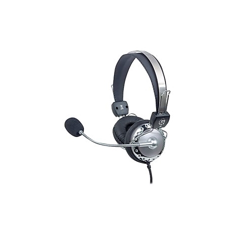 Graues Headset mit Mikrofon auf weiÃŸem Hintergrund. Ohrmuscheln schwarz, BÃ¼gel silber.