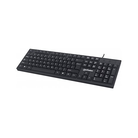 Schwarze Manhattan-Tastatur mit weißen Buchstaben. Kabel rechts oben.