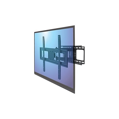 Schwarze, schwenkbare TV-Wandhalterung, montiert an einem Flachbildfernseher vor weißem Hintergrund.