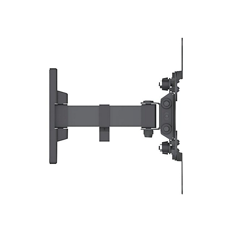 Seitliche Ansicht einer schwenkbaren, dunkelgrauen TV-Wandhalterung aus Metall vor weißem Hintergrund.