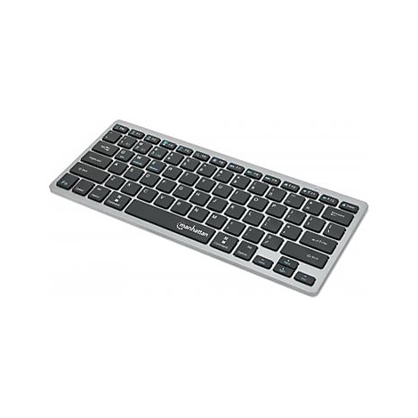 Draufsicht auf eine silberne Manhattan-Tastatur mit schwarzen Tasten. Das Logo ist auf der Leertaste aufgedruckt.