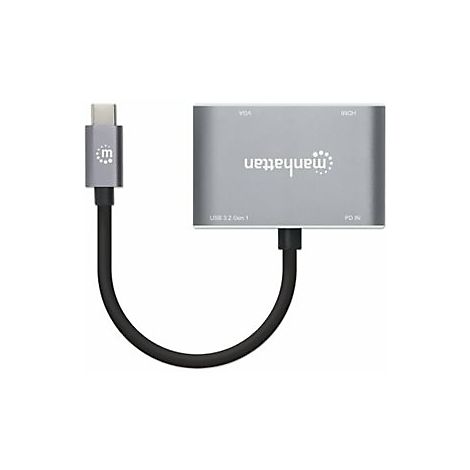 Grauer Manhattan Adapter mit Kabel, USB-C-Stecker. Aufschrift 'manhattan'.