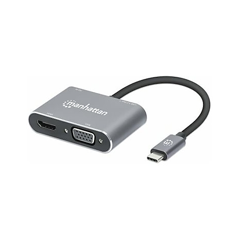 Grauer Manhattan-Adapter mit HDMI-, VGA- und USB-C-AnschlÃ¼ssen. Schwarzes Kabel mit USB-C-Stecker.