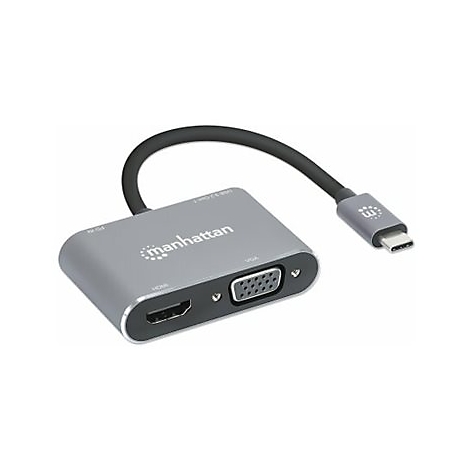 Grauer Manhattan Adapter mit HDMI, VGA und USB-C AnschlÃ¼ssen.