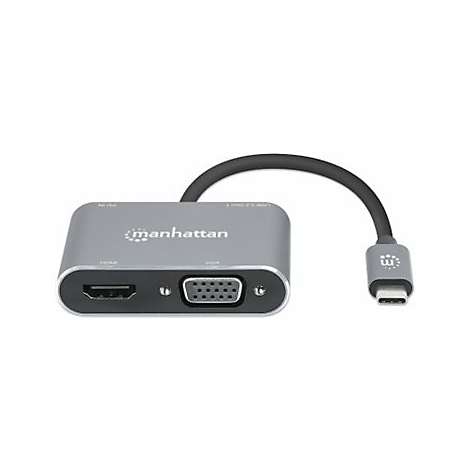 Grauer Manhattan Adapter mit HDMI, VGA und USB-C-AnschlÃ¼ssen, verbunden durch ein schwarzes Kabel.
