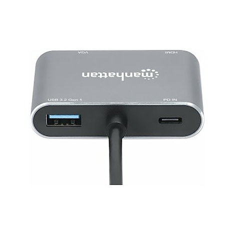 Grauer Manhattan-Adapter mit USB-, HDMI- und VGA-AnschlÃ¼ssen. Schwarzes Kabel, SchriftzÃ¼ge.