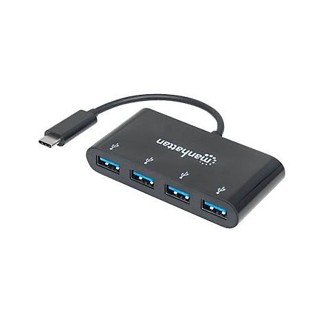 Schwarzer USB-Hub mit 4 AnschlÃ¼ssen, USB-C-Kabel und Manhattan-Logo.