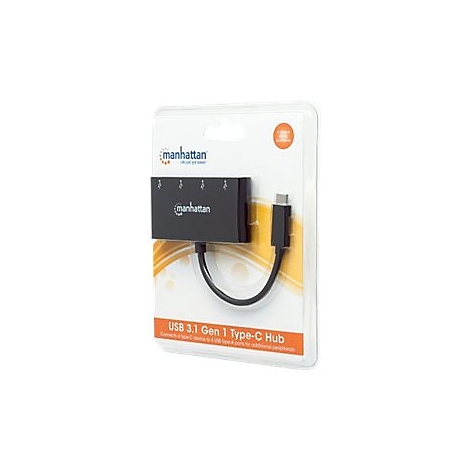 Schwarzer USB-C Hub mit vier USB-AnschlÃ¼ssen, verpackt in einer Blisterverpackung. Aufdruck: 'manhattan'.