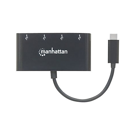 Schwarzer USB-C-Hub mit vier USB-A-AnschlÃ¼ssen und dem Manhattan-Logo.
