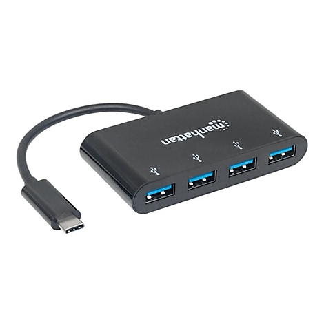 Schwarzer USB-Hub mit 4 USB-AnschlÃ¼ssen und einem USB-C-Anschluss, Manhattan Logo.