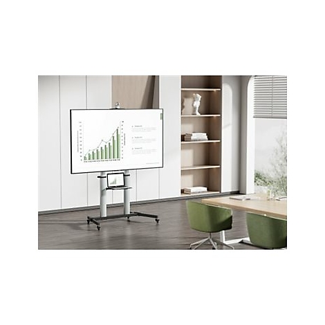 PrÃ¤sentationstafel mit Diagramm in modernem BÃ¼ro, Tablet auf Ablage, StÃ¼hle und Tisch im Hintergrund.