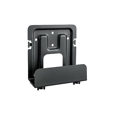 Schwarze Metallhalterung zur Wandmontage mit flacher Ablagefläche und Befestigungslöchern.