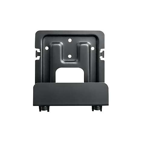 Schwarze, rechteckige Metall-Wandhalterung mit Aussparungen und zwei unteren Standfüßen.