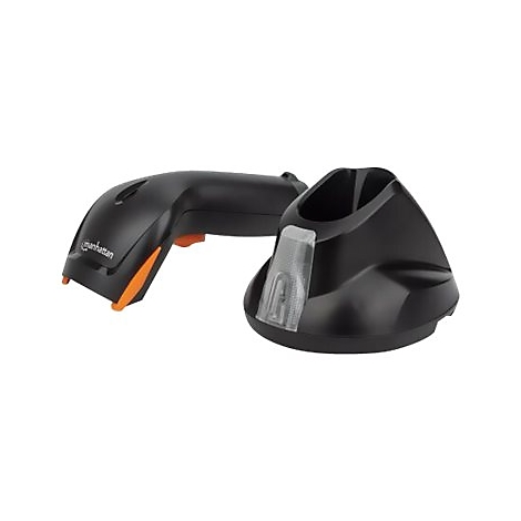 Schwarzer Barcode-Scanner mit orangefarbenen Akzenten und Ladestation.