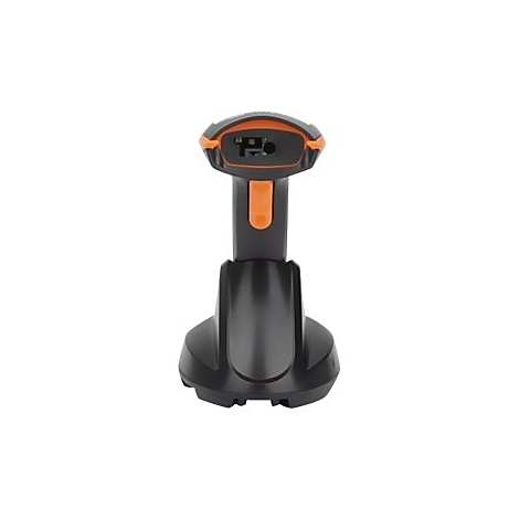 Ein schwarzer Barcode-Scanner mit orangefarbenen Akzenten. Er steht auf einer Basis vor weißem Hintergrund.