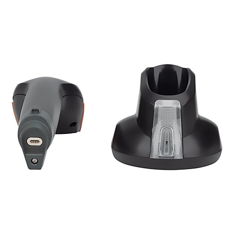 Schwarz-grauer Barcode-Scanner mit Ladestation. Der Scanner liegt links, die Station rechts. Detail: Ladeanschluss und Anzeige.