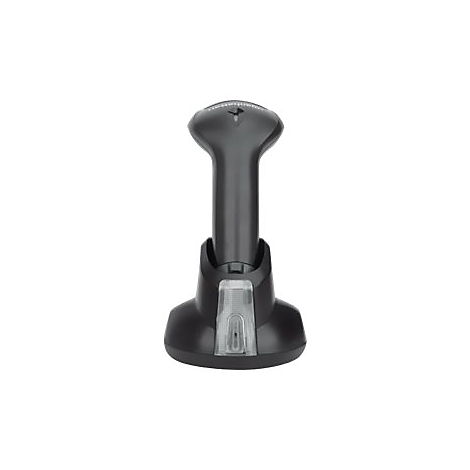 Schwarzer Barcode-Scanner in Ladestation. Details wie Lichtfeld, Logo und Form sind erkennbar.