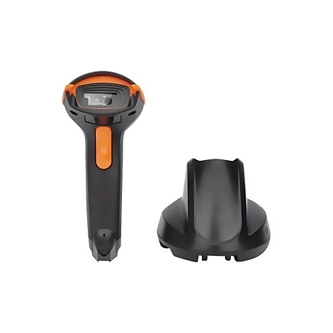 Ein schwarzer Barcodescanner mit orangefarbenen Akzenten und einer Ladestation vor weißem Hintergrund.