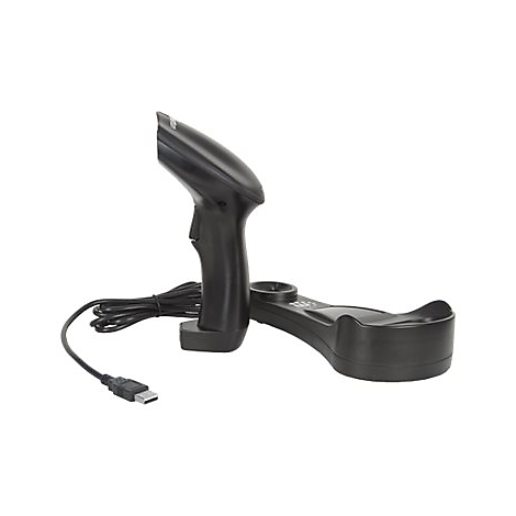 Schwarzer Barcode-Scanner mit USB-Kabel und Halterung. Auf weißem Hintergrund.