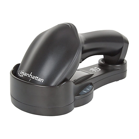Schwarzer Barcodescanner mit Ladestation. Der Scanner trägt den Schriftzug "manhattan".