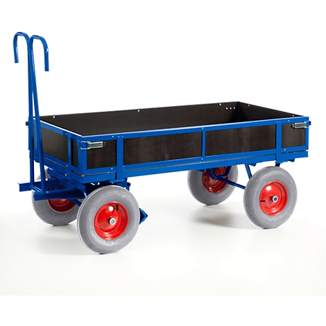 Blue transport cart with black loading area. Gray tires with red wheel hubs. The handle is curved.