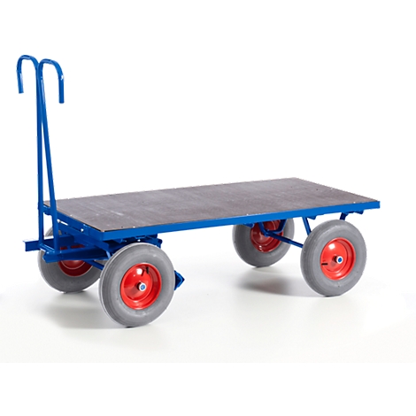 Blue transport cart with gray tires, red rim, wooden floor and a handle.
