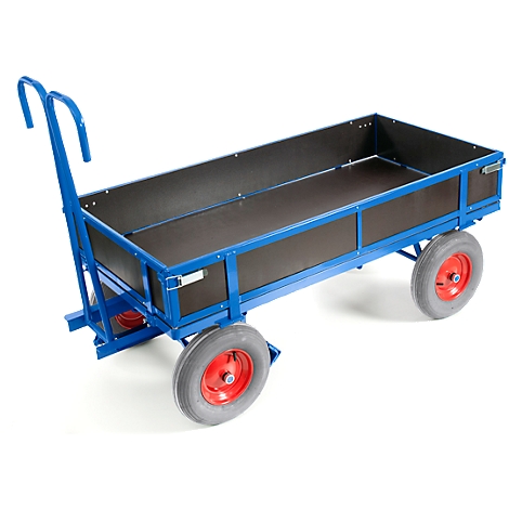 Blue transport cart with black loading area. The wheels are grey with red rims. The handle for pulling is blue.