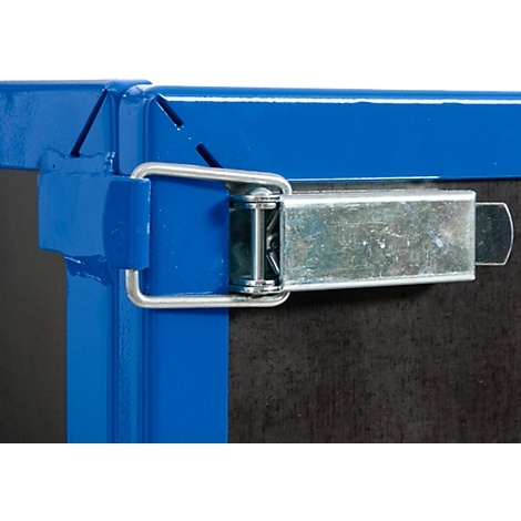 Detail shot: Blue metal frame with silver clasp. The clasp is closed to secure a box.