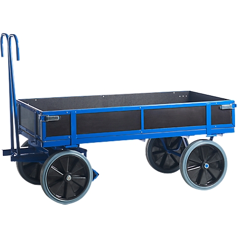 Blue transport cart with black side panels and four wheels, handle.