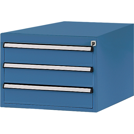 Blue drawer unit with three drawers, silver handles, and a lock.