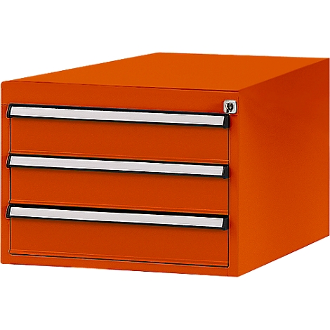 Orange toolbox with three drawers and silver handles. There is a lock on the top.
