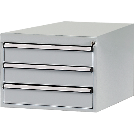 Grey cabinet with three drawers. The handles are silver. There is a keyhole in the upper right.