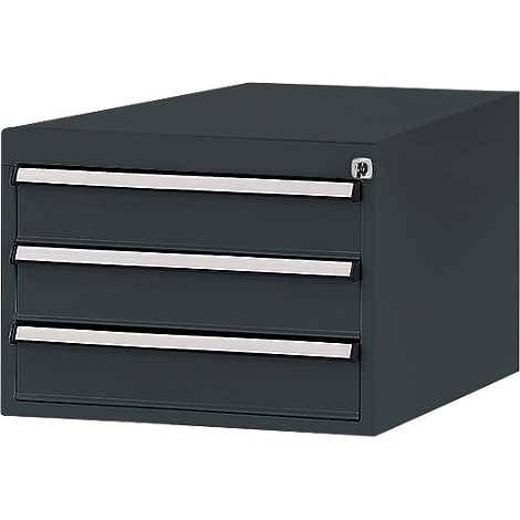 Dark gray drawer cabinet with three drawers and silver handles.