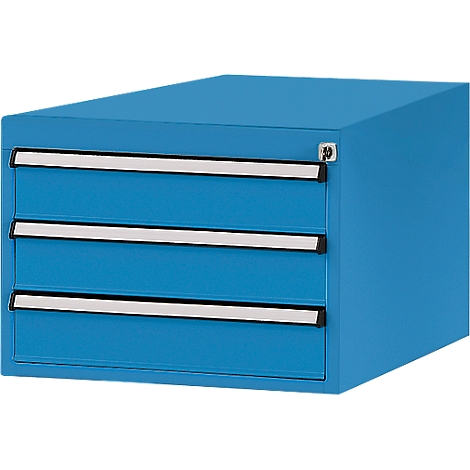 Blue tool cabinet with three drawers and silver handles. The cabinet stands against a white background.