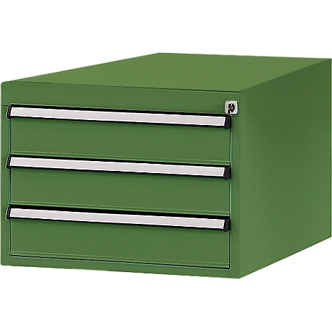 Green tool cabinet with three drawers and silver handles. A lock is on the top right.