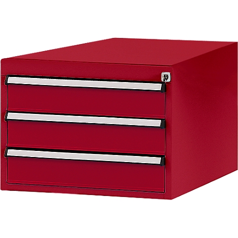 Red drawer unit, three drawers with silver handles, lock on top right.