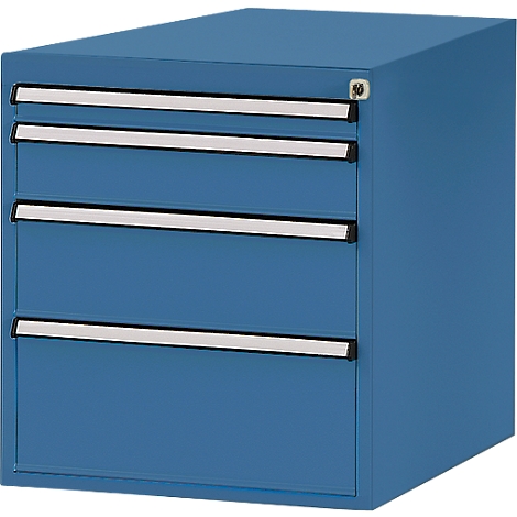 Blue drawer unit with four drawers, silver handles, and a lock.