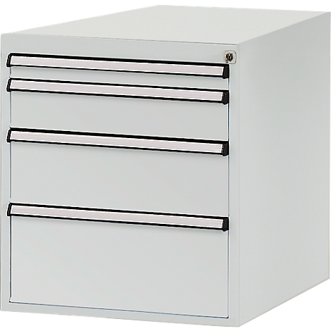 Gray cabinet with four drawers, each with a silver handle. A keyhole is visible on the right side.