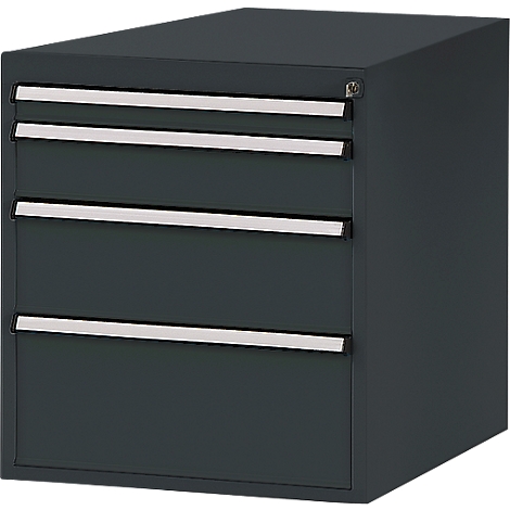 Dark gray drawer cabinet with four drawers. The handles are silver.