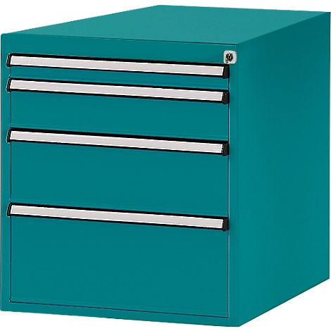Teal cabinet with 3 drawers and silver handles. There is a lock at the top.