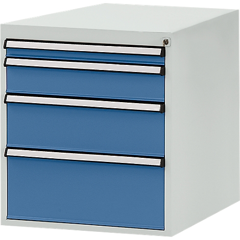 Gray cabinet with blue drawers. Each drawer has a silver handle and a dark border.