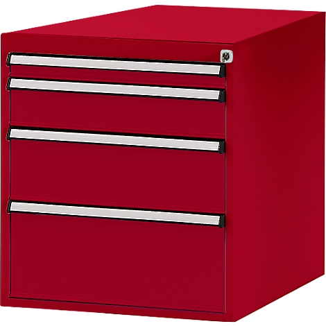 Red tool cabinet with four drawers with silver handles. The cabinet stands isolated on a white background.