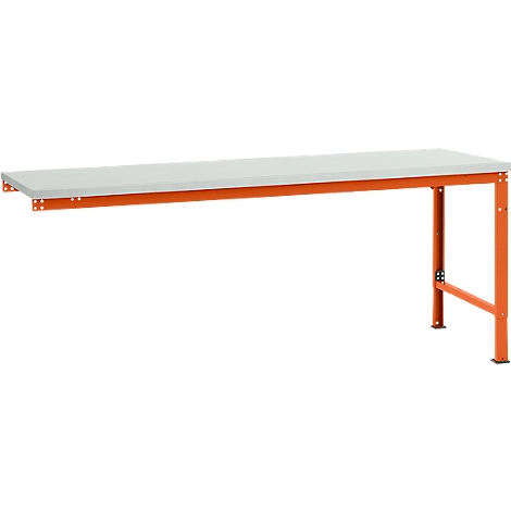 Workbench with white worktop and orange metal frame. One side is for wall mounting, the other has legs.