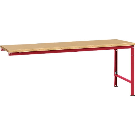 Wooden workbench with red metal frame, side view.