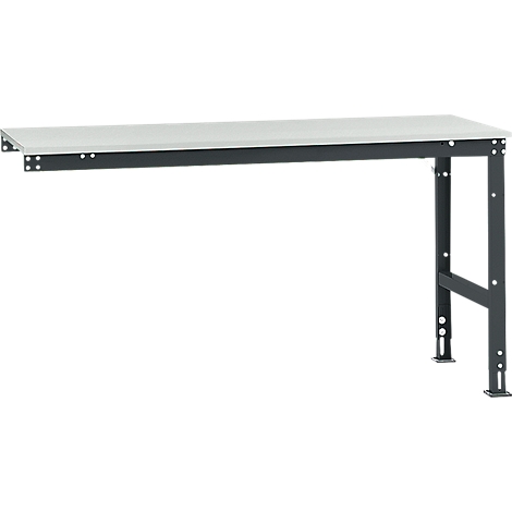 Workbench with gray frame and light-colored worktop. One leg and part of the bracket are visible.