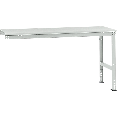 Light gray wall-mounted table, metal construction, rectangular tabletop with wall mount, base with adjustable feet.
