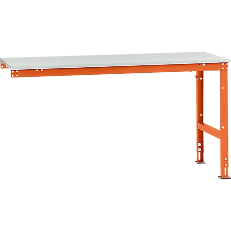 An orange workbench table with a white table top against a white background.