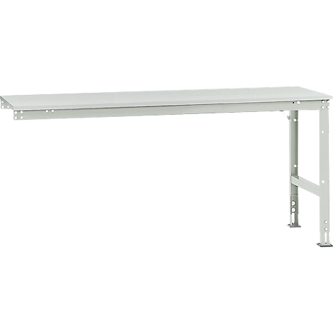 White workbench with metal legs and a tabletop that can be attached to a wall.