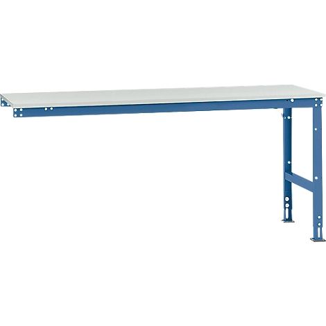 Blue workbench table with white work surface. It has a rectangular shape and metal legs.
