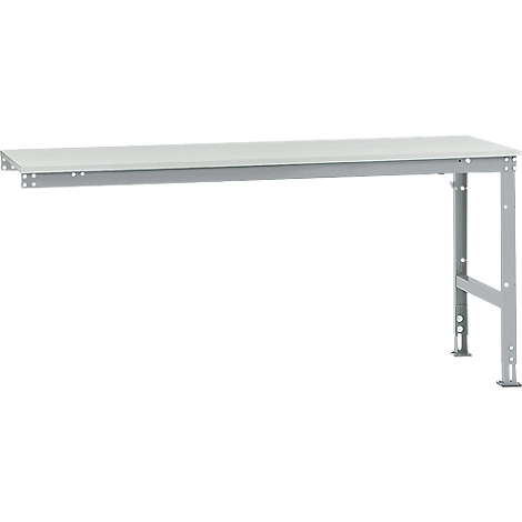 Gray workbench table with white tabletop, attached to the wall.